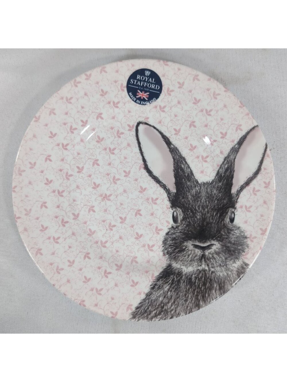 Royal Stafford England Plate Chintz Bunny Rabbit Black Pink Floral Easter 8.5"